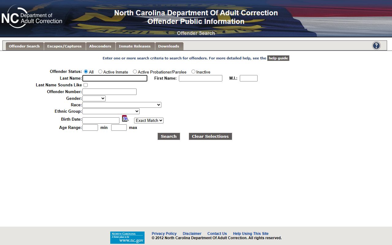 Jackson County inmate population state offender search fields in the NCDAC locator