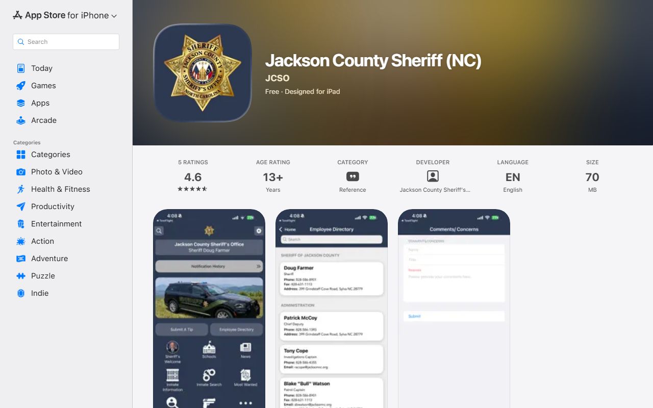 Jackson County Sheriff NC app listing for jail mugshot and public safety research